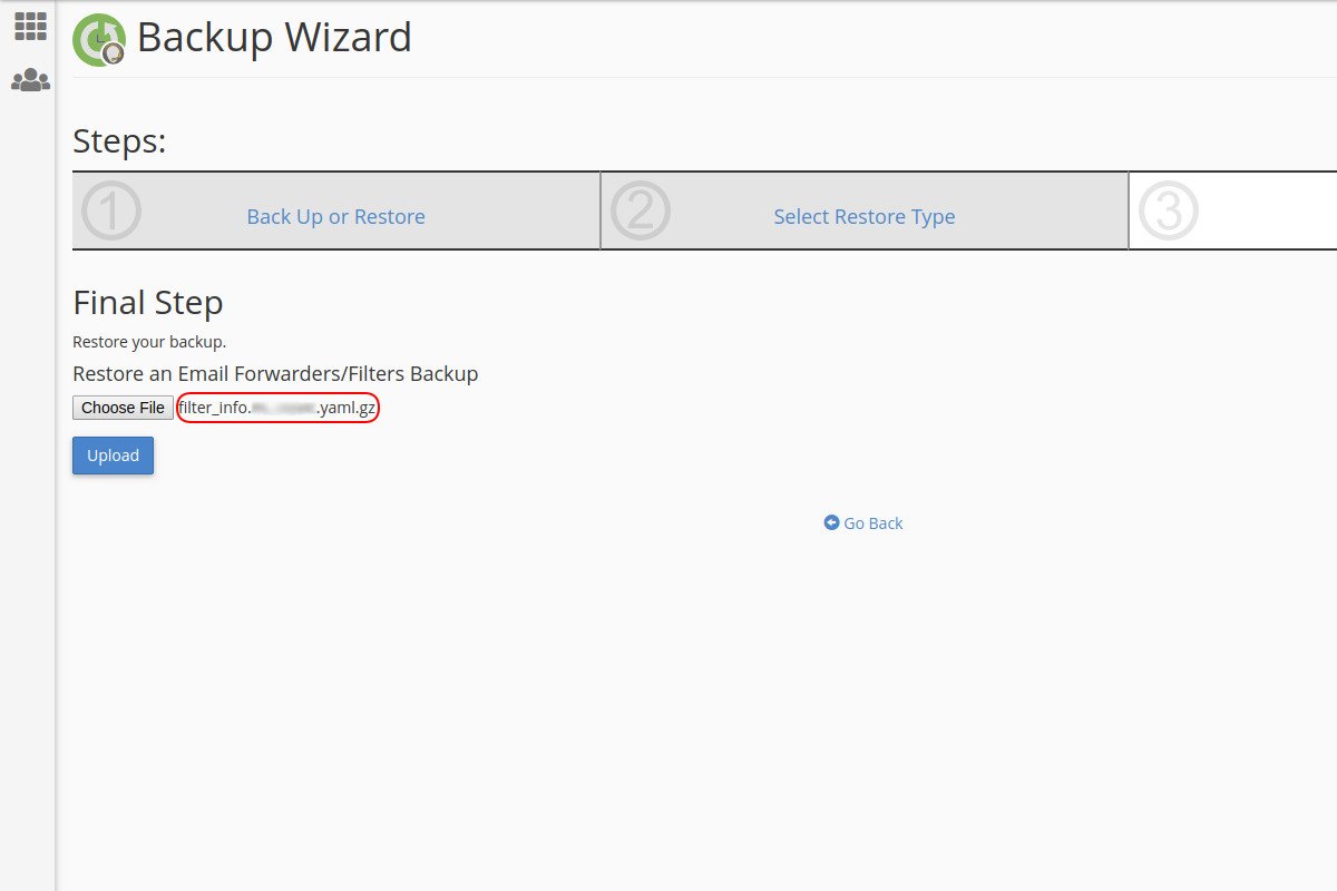 Vraćanje sigurnosne kopije mejl filtera preko Backup Wizard opcije