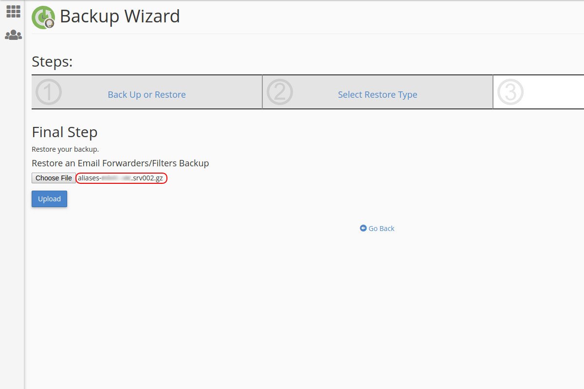 Vraćanje sigurnosne kopije adresa prosleđivača mejlova preko Backup Wizard opcije