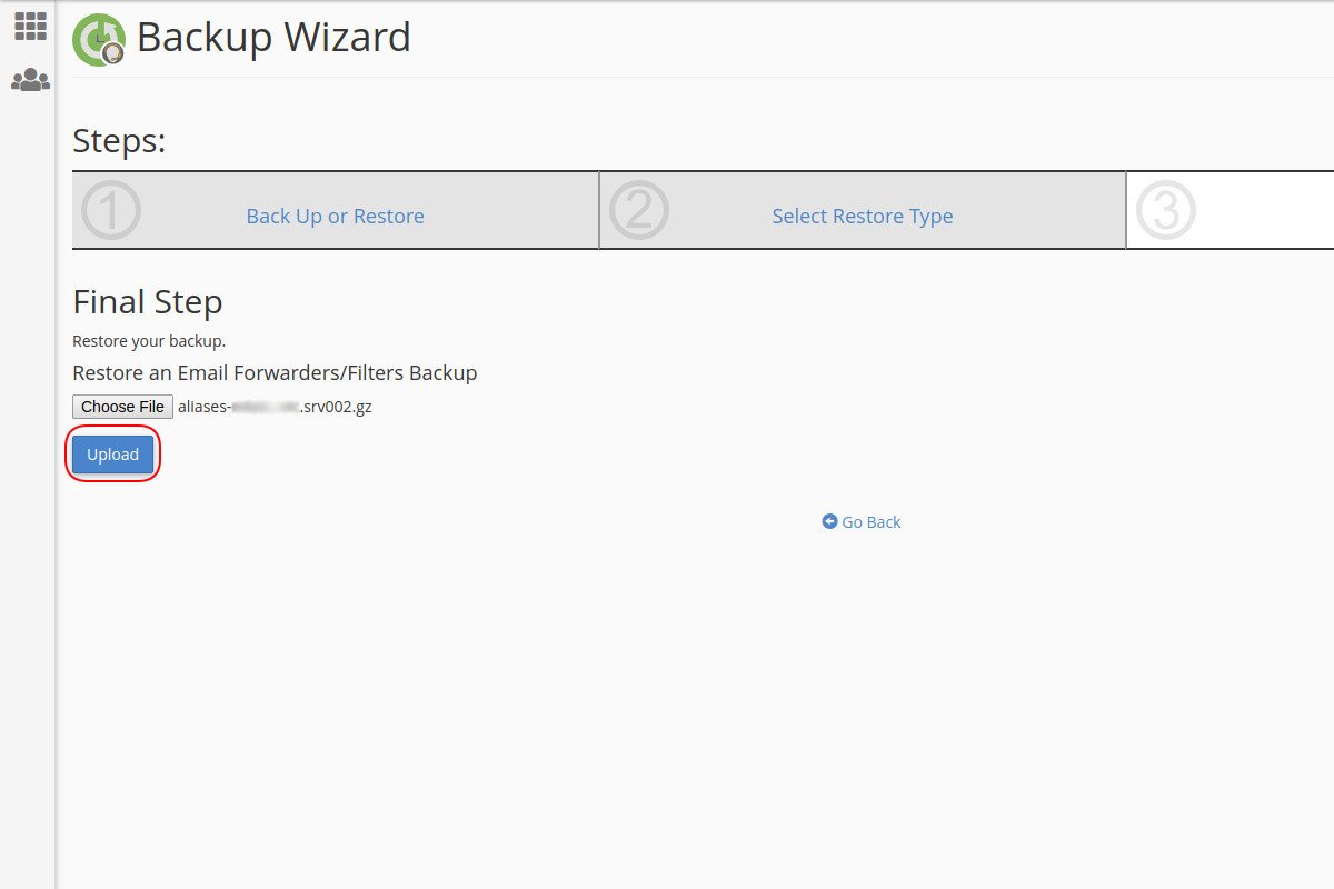 Vraćanje sigurnosne kopije adresa prosleđivača mejlova preko Backup Wizard opcije