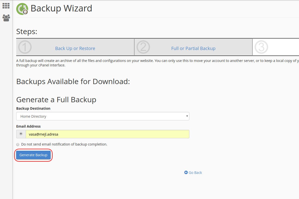 Kreiranje sigurnosne kopije kompletnog hosting naloga preko Backup Wizard opcije