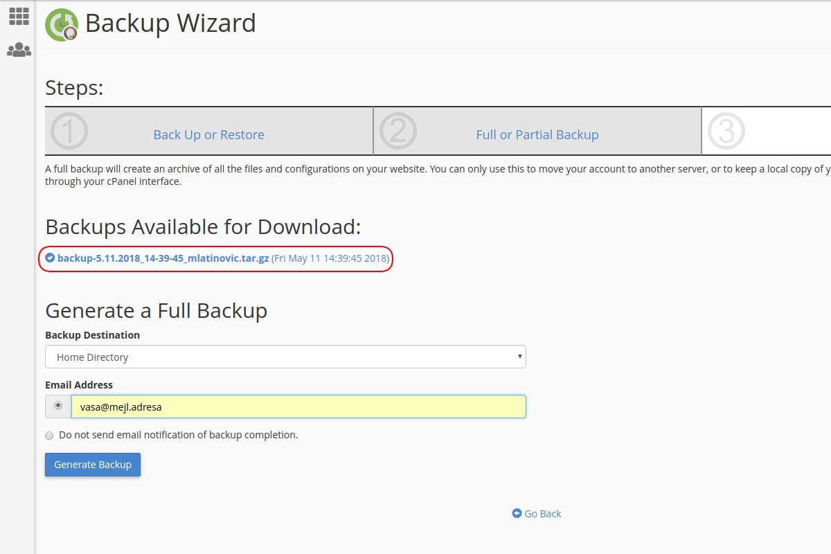 Preuzimanje sigurnosne kopije kompletnog hosting naloga preko Baxkup Wizard opcije